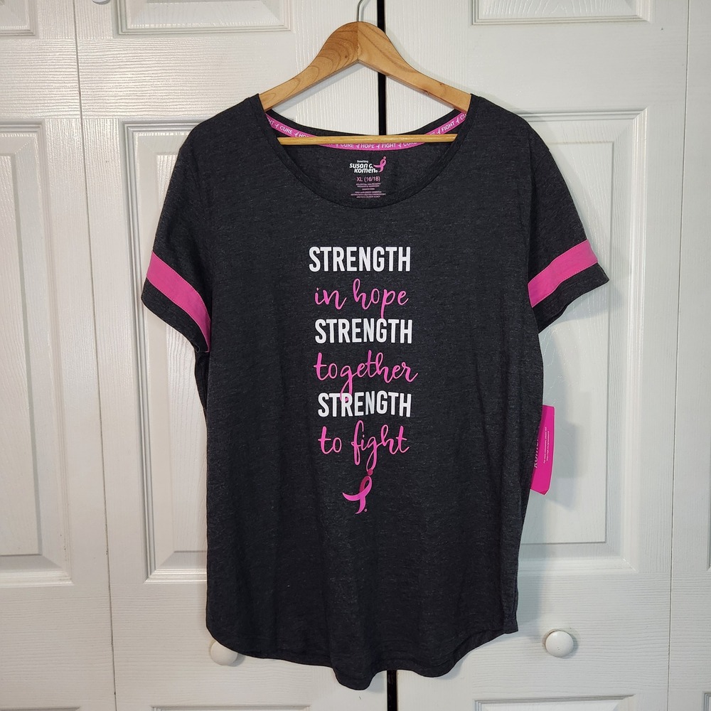 Susan G Komen Strength Graphic T-Shirt XL 16/18 Charcoal Pink Ribbon NWT